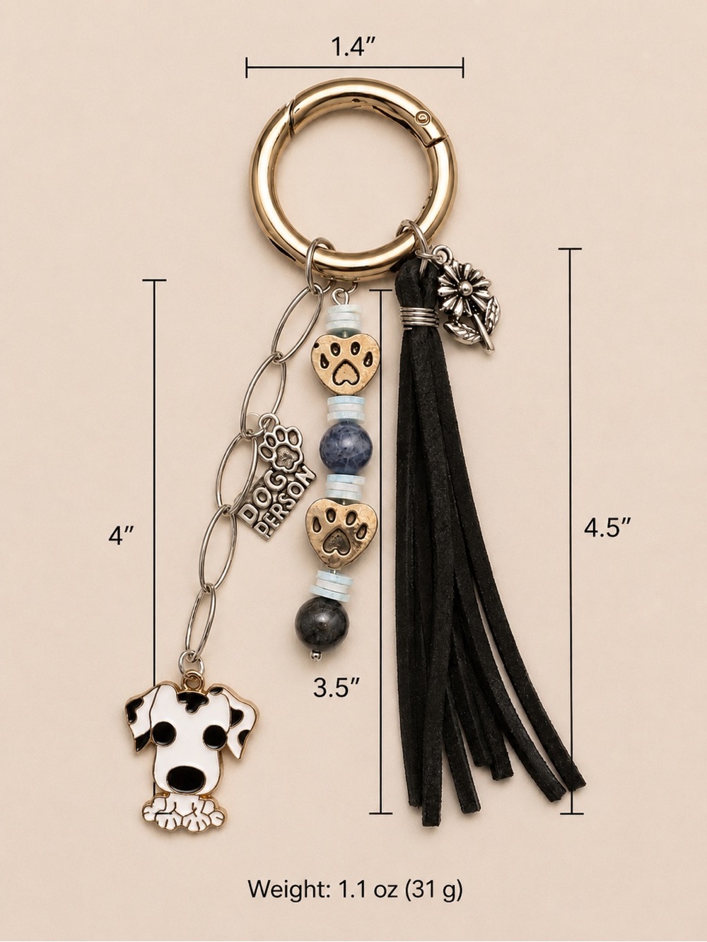 “Dog Person” Bag Charm/Key Ring with Dog Pendant, Silver Dog Paw Beads & More! - Picture 6 of 9